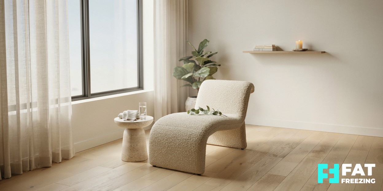 Calm modern aesthetics clinic treatment room with soft natural daylight and a comfortable reclining chair by a window