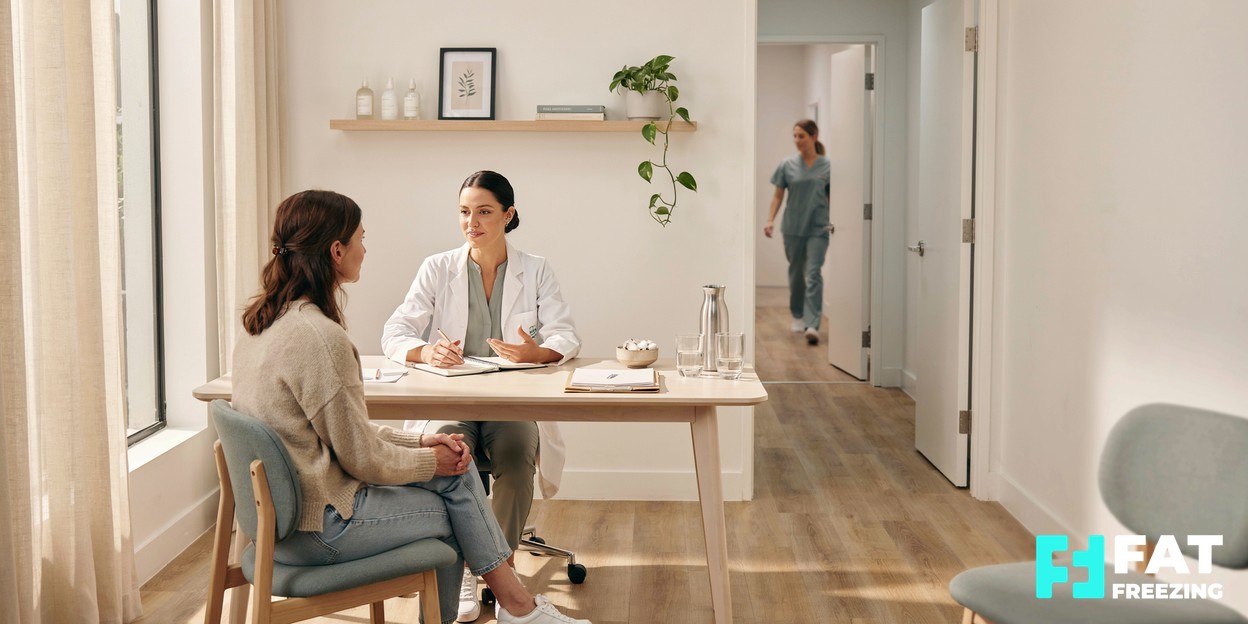 A clinician and client in calm conversation across a desk during a consultation in a bright, modern aesthetics clinic