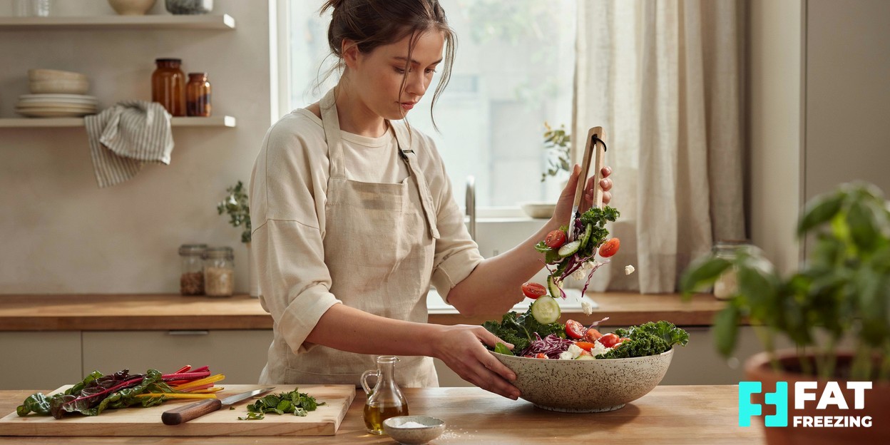 A person preparing a fresh, colourful salad in a sunlit home kitchen, conveying a calm, healthy lifestyle