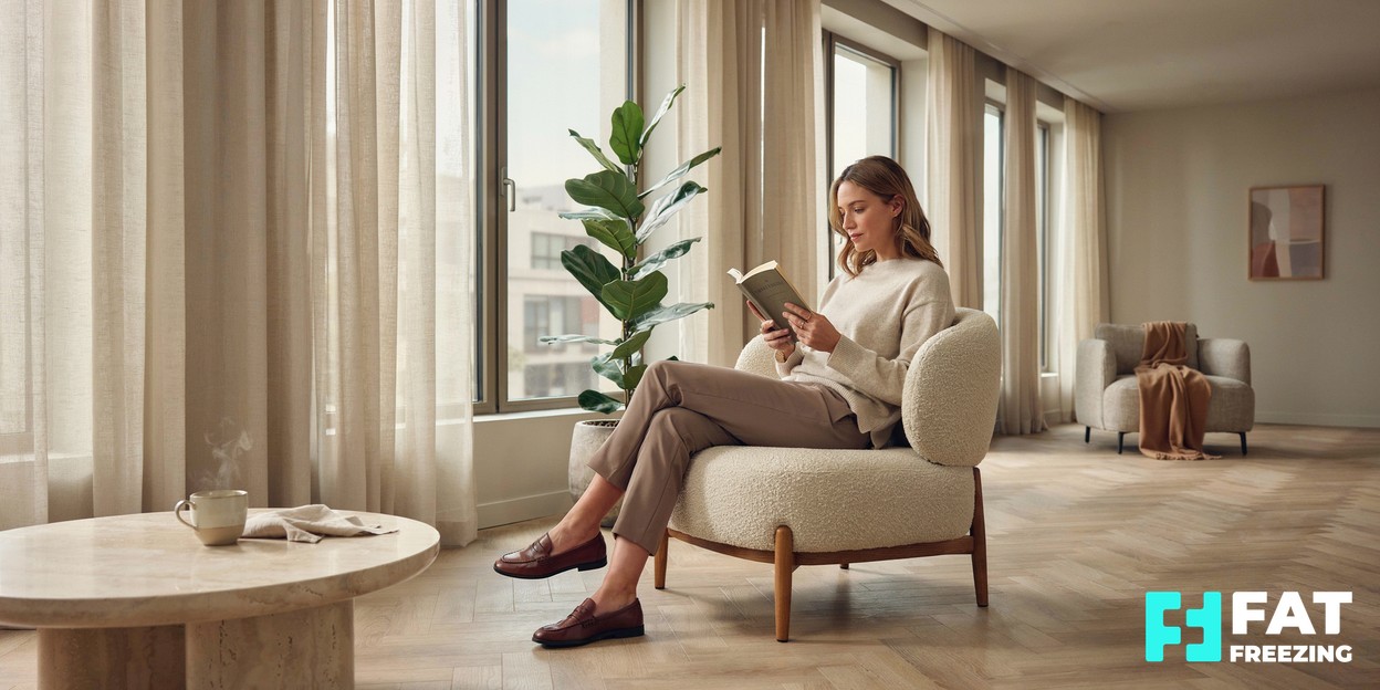 A calm, modern aesthetics clinic reception with soft natural light, a person reading thoughtfully in a comfortable chair near large windows