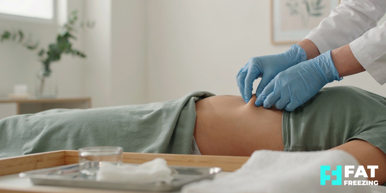 Close-up of a clinician's gloved hands gently performing a pinch-test assessment on a patient's midsection in a bright modern clinic