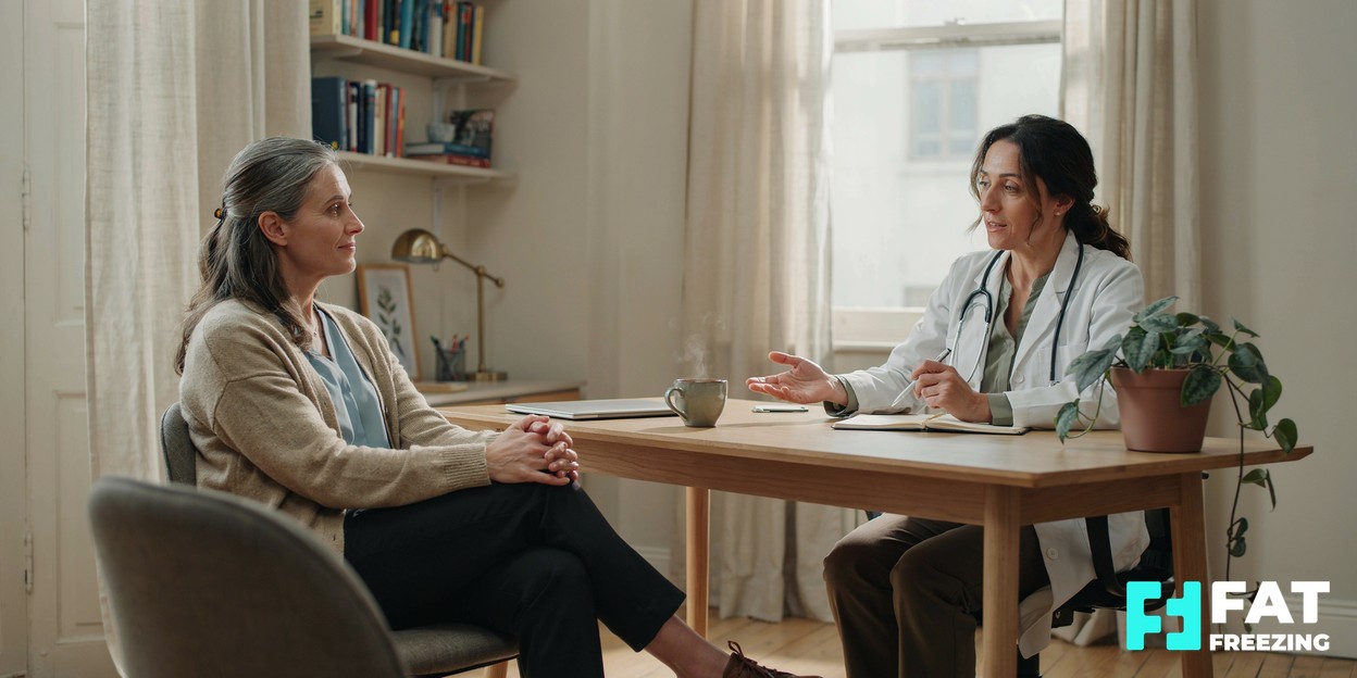 A relaxed patient and a practitioner talking across a desk during a friendly consultation in a calm, naturally lit clinic office