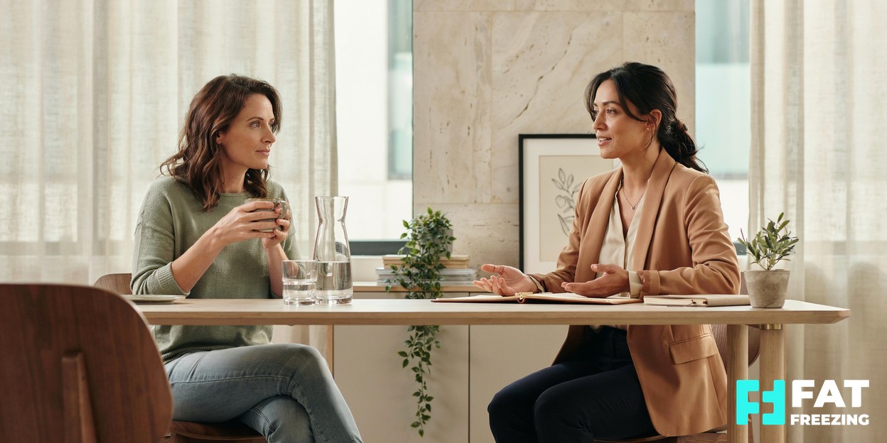 A practitioner and client in calm conversation across a desk in a bright, modern aesthetics clinic consultation room
