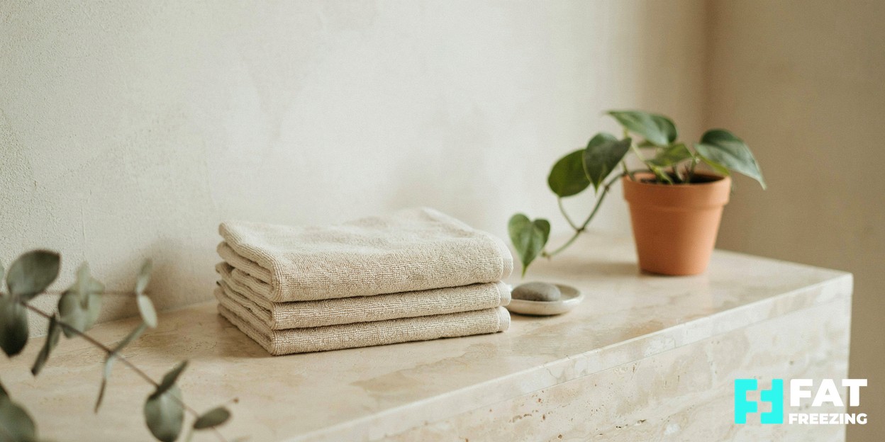 Close-up of a tidy treatment room detail with neatly folded towels and soft natural light in a modern clinic