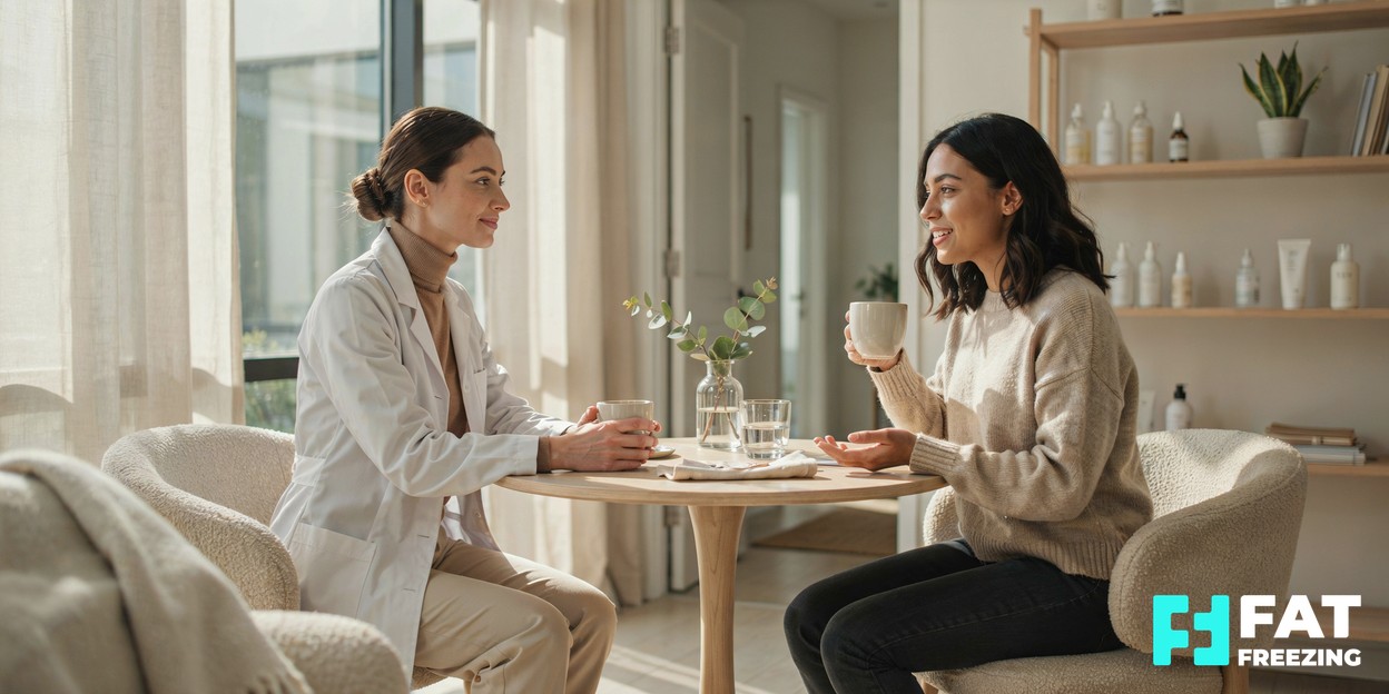 A relaxed consultation between an aesthetics practitioner and a client in a bright, modern clinic room with soft natural light