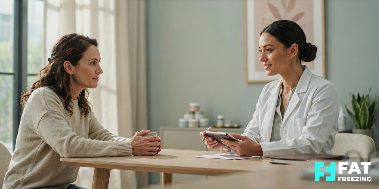 A practitioner and client in a bright, modern clinic consultation room talking calmly across a desk with notes in hand