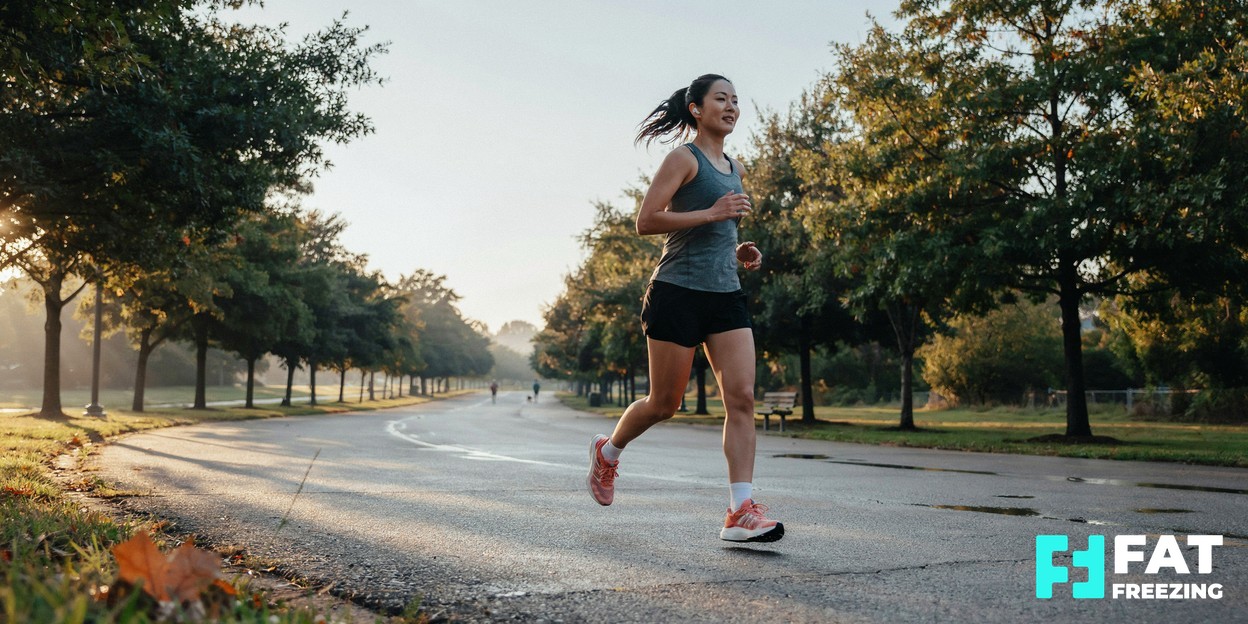 A woman jogging along a tree-lined path in soft morning light, relaxed and active outdoors