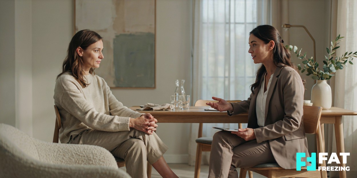 A calm, modern aesthetics consultation room with soft natural light and a person seated talking with a practitioner across a table