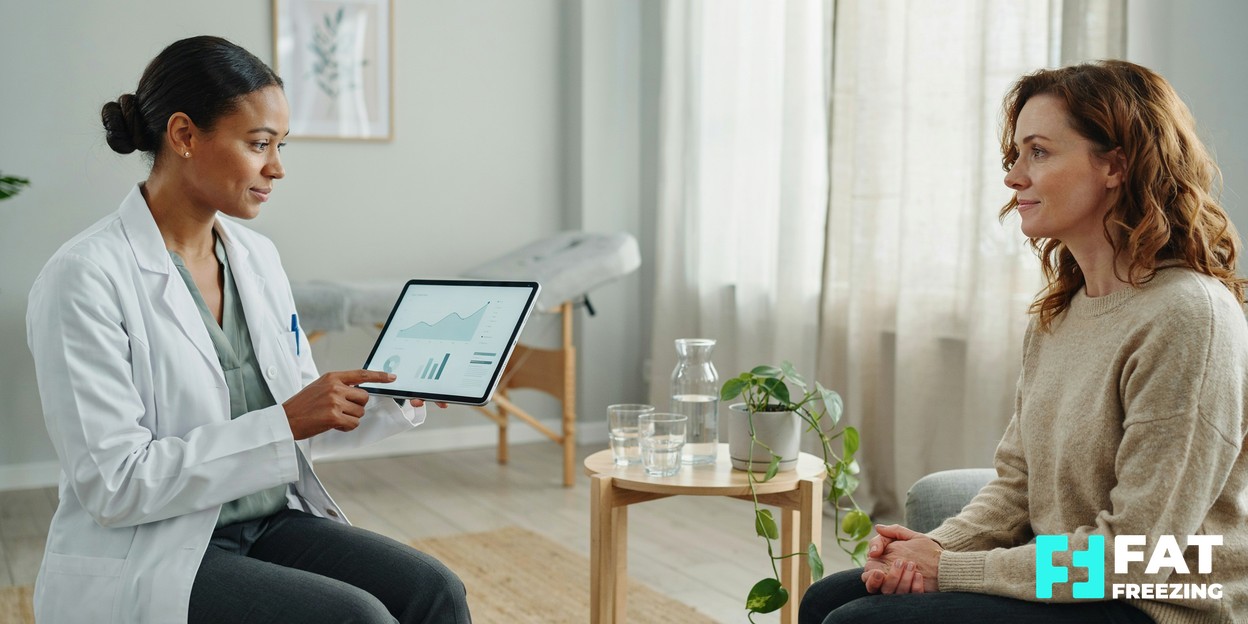 A clinician in a bright modern clinic reviewing research data on a tablet beside a patient during a calm consultation