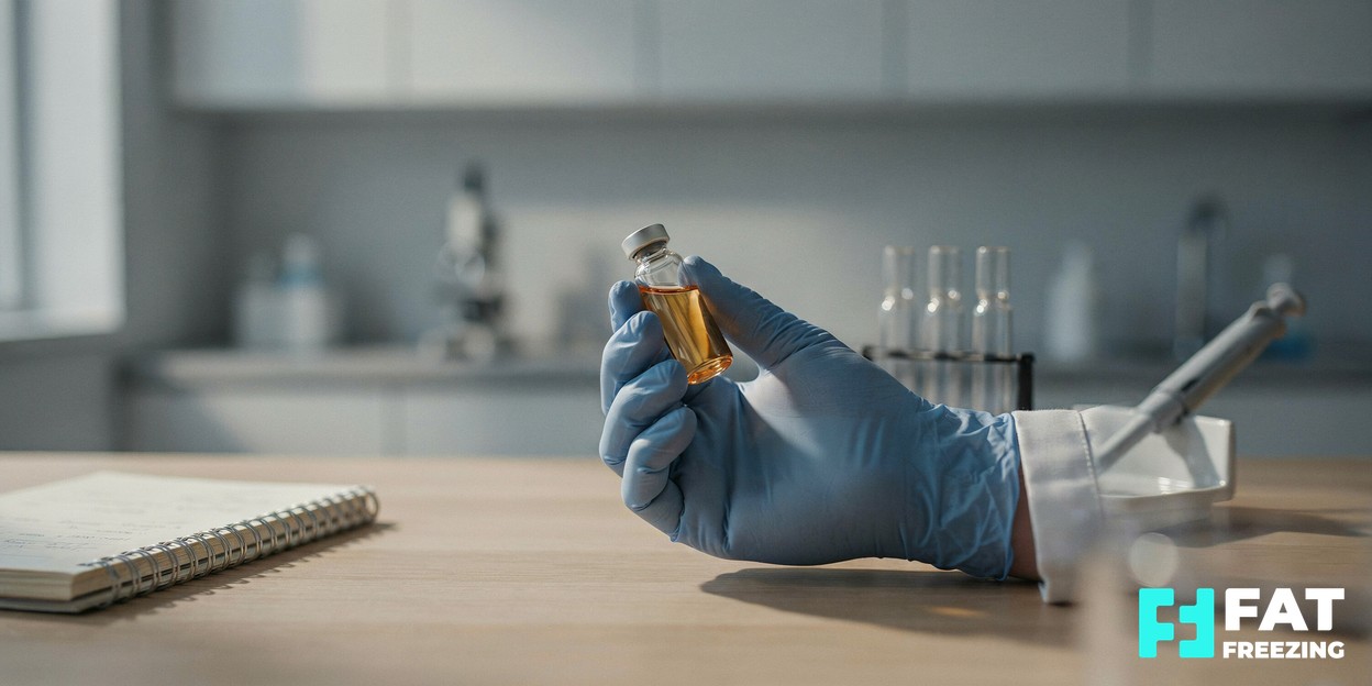 A modern research laboratory bench with soft natural light, gloved hands holding a vial, conveying careful scientific work