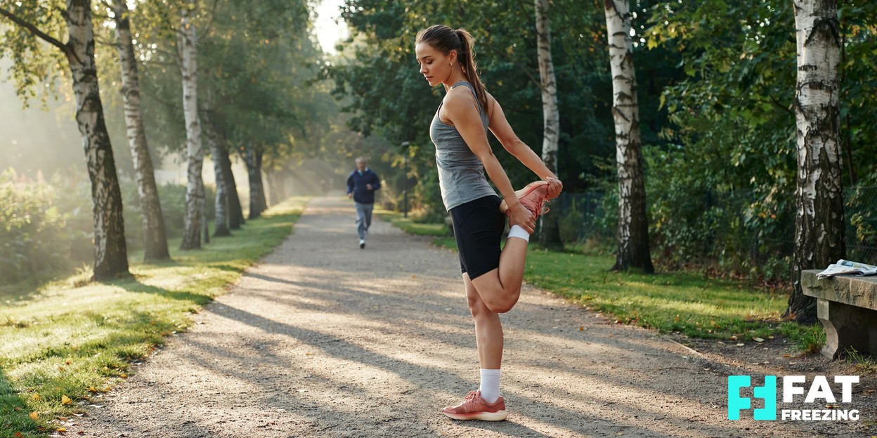 A person in activewear stretching outdoors in soft morning light, reflecting a healthy active lifestyle