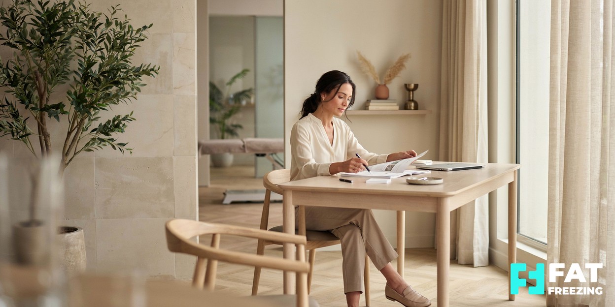 A bright, modern aesthetics clinic consultation room with soft natural light and a researcher reviewing notes at a clean desk