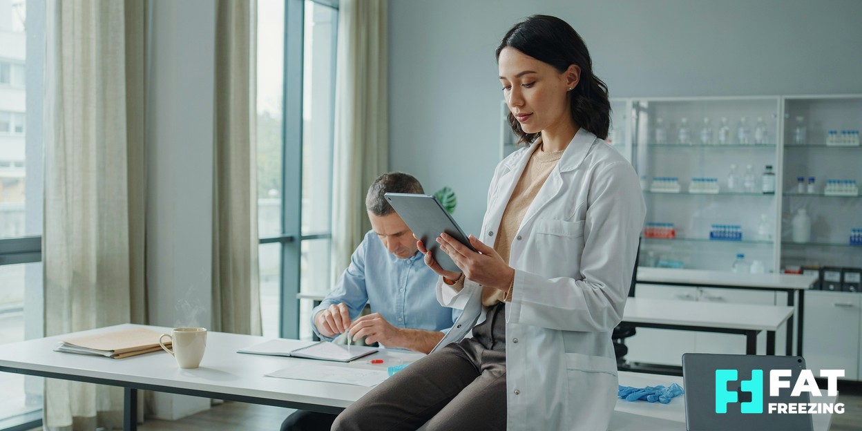 A researcher in a bright modern laboratory reviewing clinical study data on a tablet, soft natural daylight