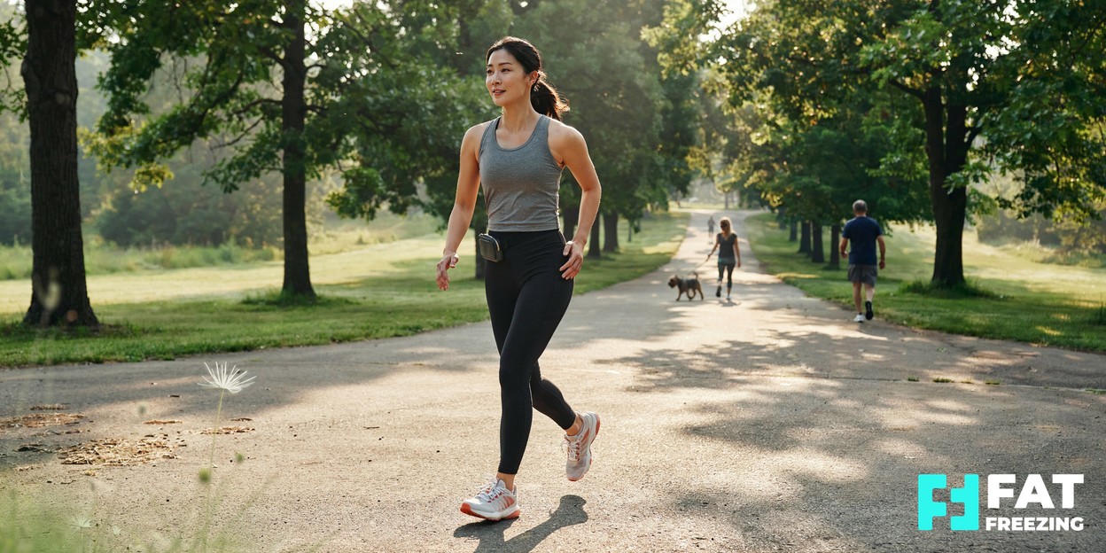 A person in activewear walking outdoors on a sunlit path, calm and aspirational healthy-lifestyle scene