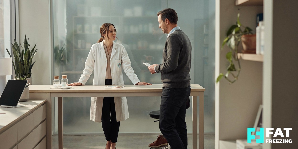 A calm, modern pharmacy consultation room with soft natural light and a pharmacist in conversation with a person across a counter