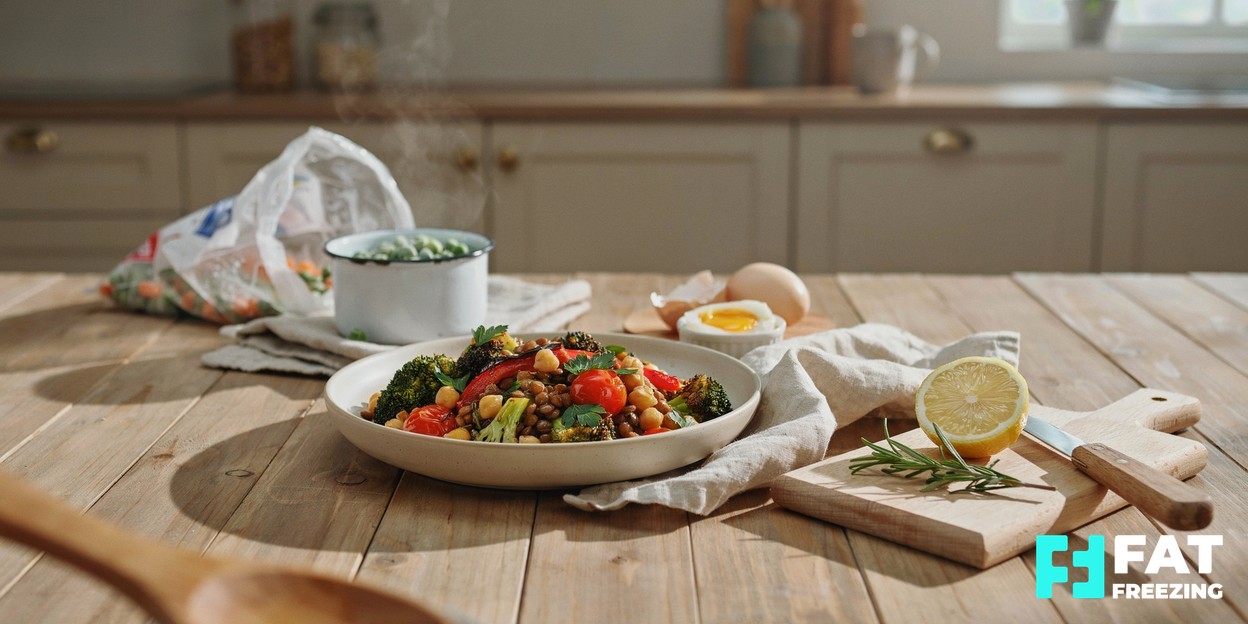 A simple, colourful home-cooked meal of fresh and frozen vegetables, eggs and pulses arranged on a wooden kitchen worktop in soft daylight