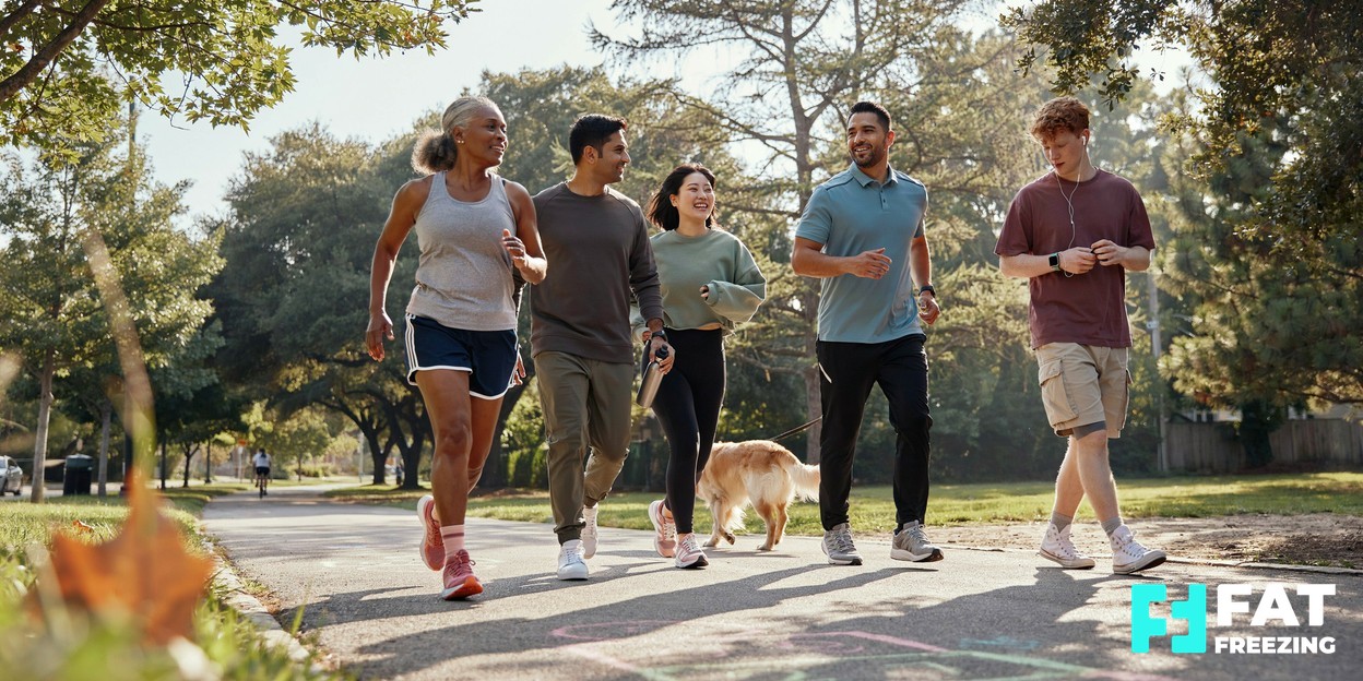 A small group of people of mixed ages jogging together along a sunlit park path on a calm morning
